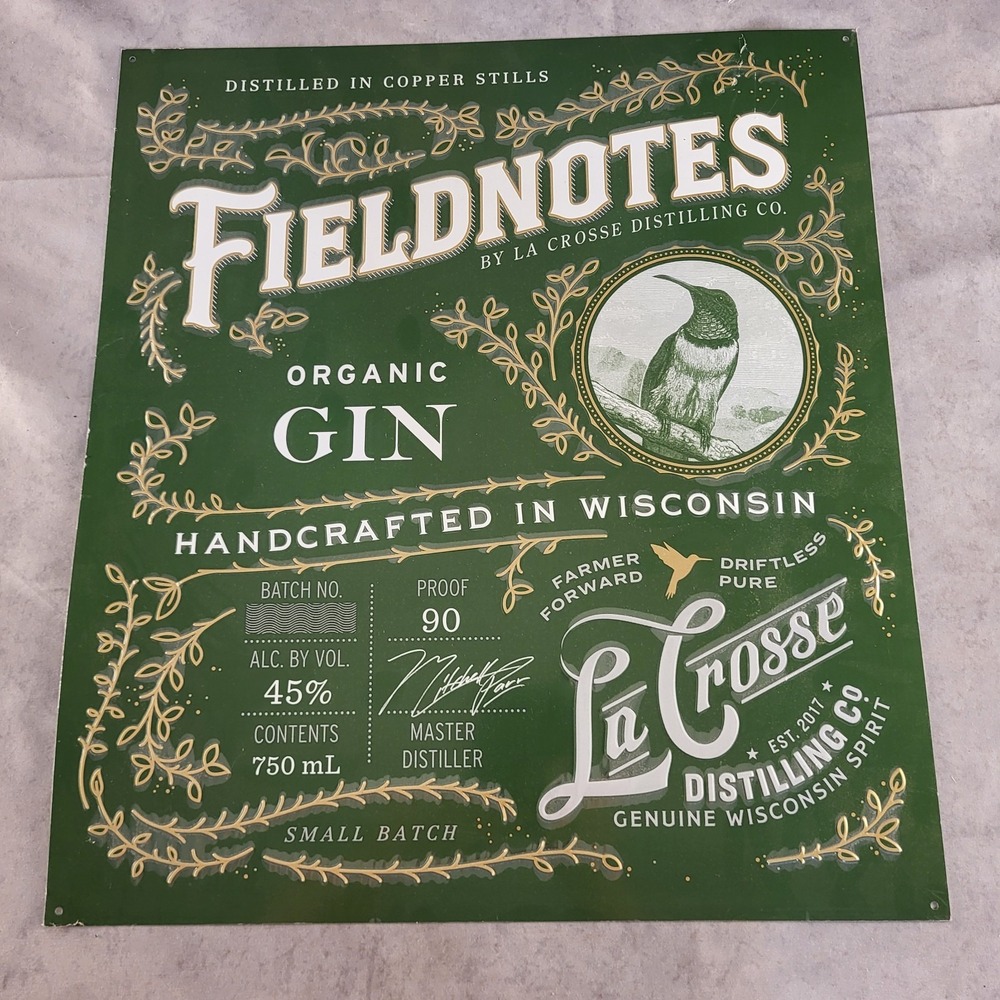 La Crosse Distilling Co. Organic Gin Fieldnotes Tin Sign 16x18 Hummingbird